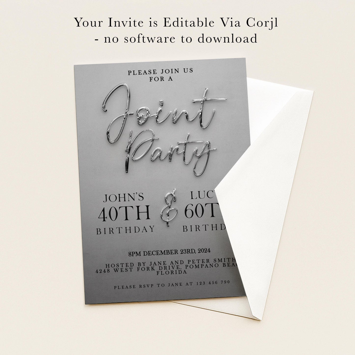 The image is a birthday party invitation for John's 40th and 60th birthdays. It is a gray invitation card with a metallic silver design. The invitation is for a joint birthday party and is available for download.