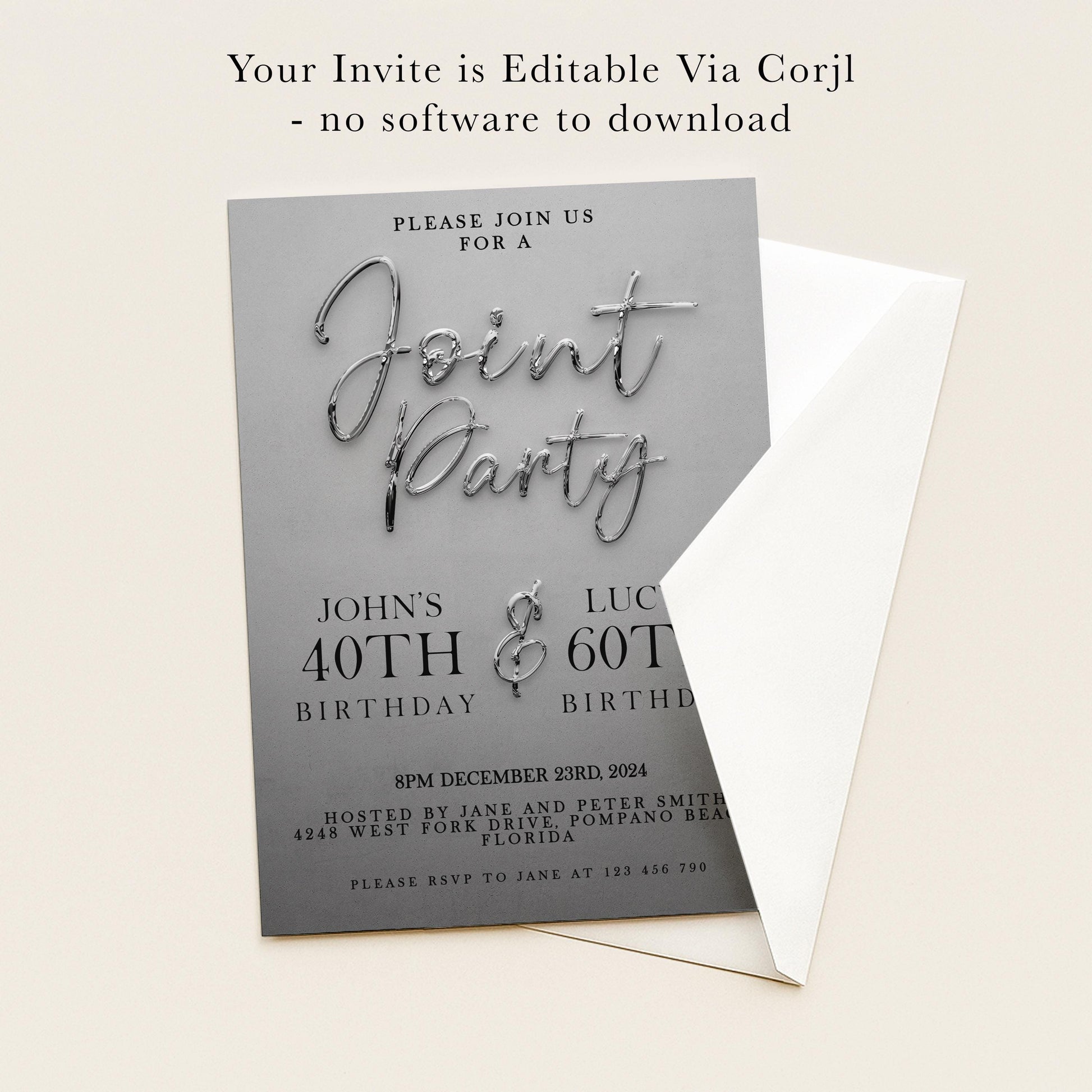 The image is a birthday party invitation for John's 40th and 60th birthdays. It is a gray invitation card with a metallic silver design. The invitation is for a joint birthday party and is available for download.