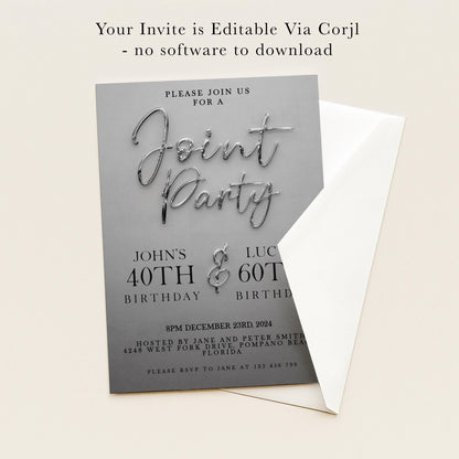 The image is a birthday party invitation for John's 40th and 60th birthdays. It is a gray invitation card with a metallic silver design. The invitation is for a joint birthday party and is available for download.