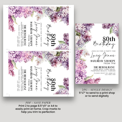 three different floral-themed birthday party invitation designs for Lucy Jones' 80th birthday party. The invitations feature purple hydrangea flowers and text inviting guests to a party at The Restaurant, located at Pompano Beach, FLORIDA. The invitations are designed for both print and digital platforms, with instructions to print 2 to page 8.5"x7" or 4"x4" to send to a print shop or to send digitally.