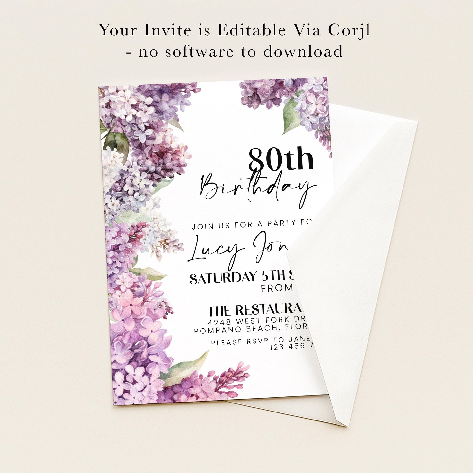 The image is an invitation card for a birthday party, featuring a floral design with purple flowers and leaves.