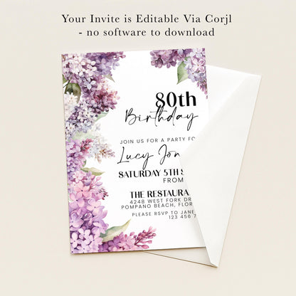 The image is an invitation card for a birthday party, featuring a floral design with purple flowers and leaves.