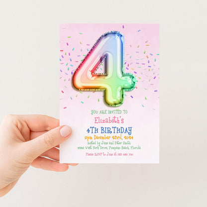 A hand holding a birthday invitation card with a colorful number 4 and confetti design.