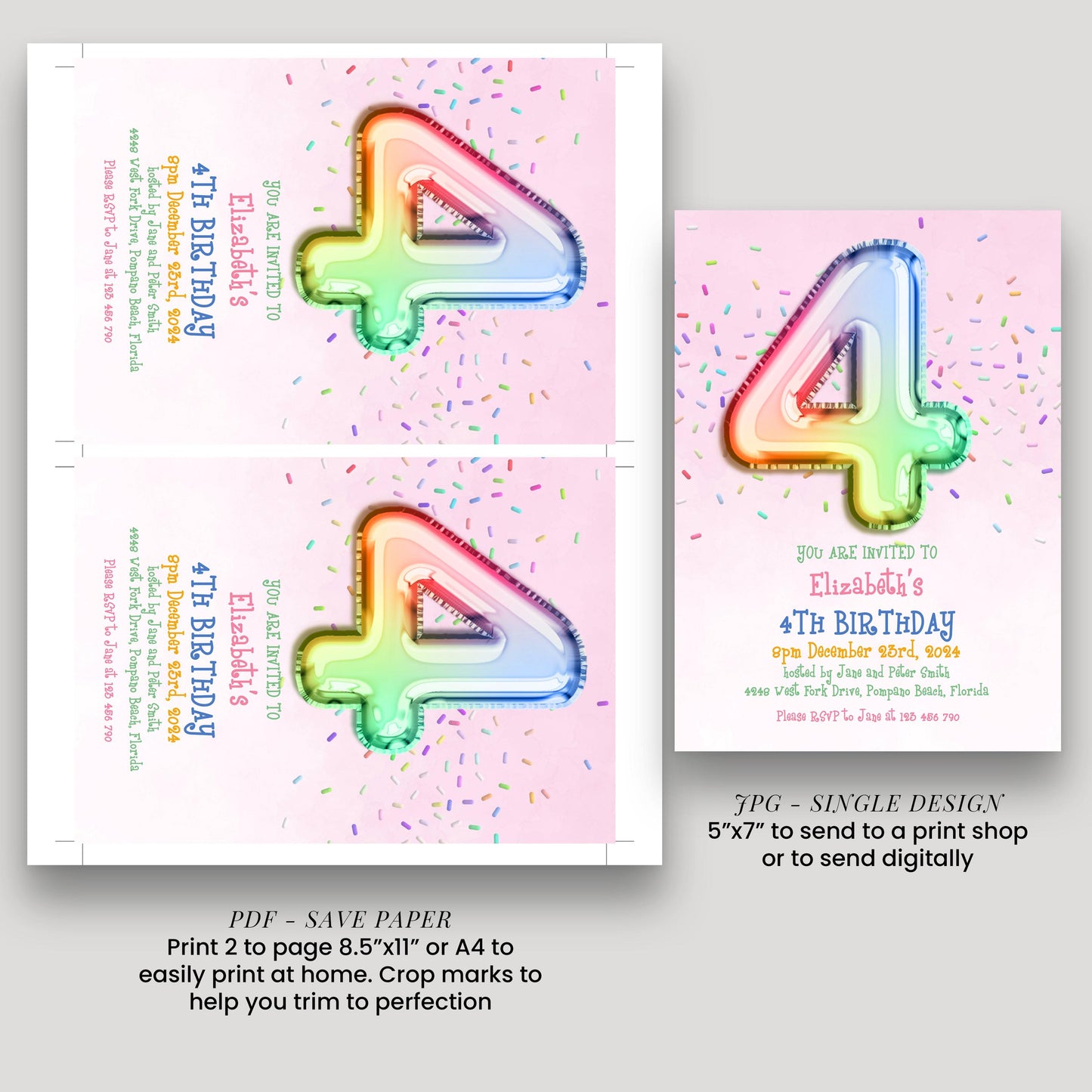 three different designs for a birthday invitation, each with a unique color scheme and style. The designs include a large number 4 made of colorful balloons, a pink background with a rainbow-colored balloon, and a pink background with sprinkles. The invitation appears to be for a 4th birthday celebration, and the text invites guests to attend the event.