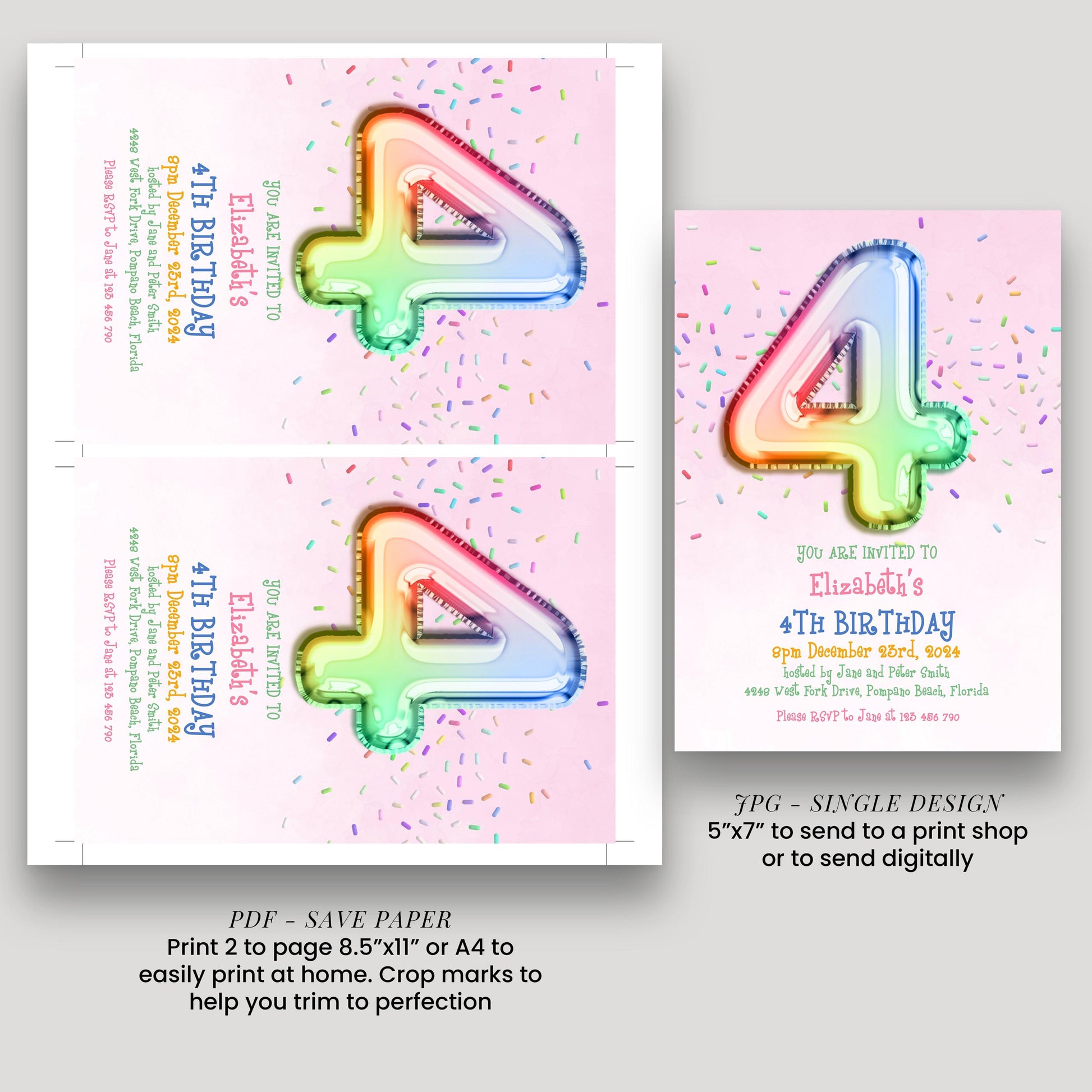 three different designs for a birthday invitation, each with a unique color scheme and style. The designs include a large number 4 made of colorful balloons, a pink background with a rainbow-colored balloon, and a pink background with sprinkles. The invitation appears to be for a 4th birthday celebration, and the text invites guests to attend the event.
