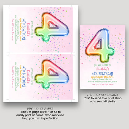 three different designs for a birthday invitation, each with a unique color scheme and style. The designs include a large number 4 made of colorful balloons, a pink background with a rainbow-colored balloon, and a pink background with sprinkles. The invitation appears to be for a 4th birthday celebration, and the text invites guests to attend the event.