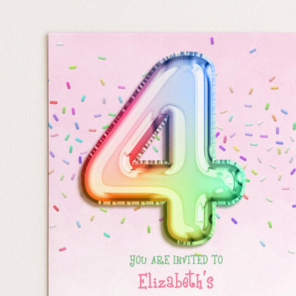 a colorful balloon number 4 surrounded by sprinkles, with the text "You are invited to Elizabeth's" displayed below.