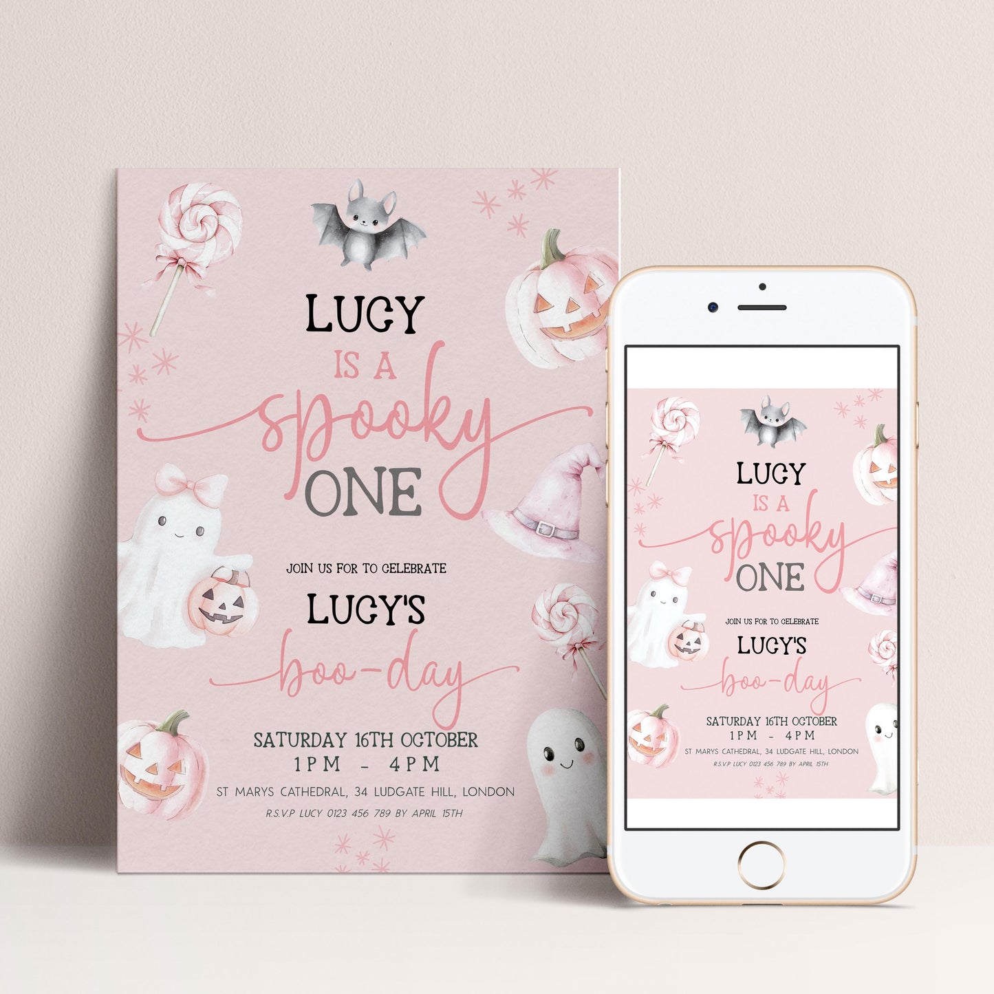 The image is a pink invitation card for a "Spooky One" birthday party for a child named Lucy. The card features illustrations of bats, pumpkins, and other Halloween-themed decorations, along with the text "LUGY is a spooky one" and "JOIN US FOR TO CELEBRATE LUGY'S BOO-DAY". The card also provides details about the party, including the date, time, location, and contact information for the organizer.