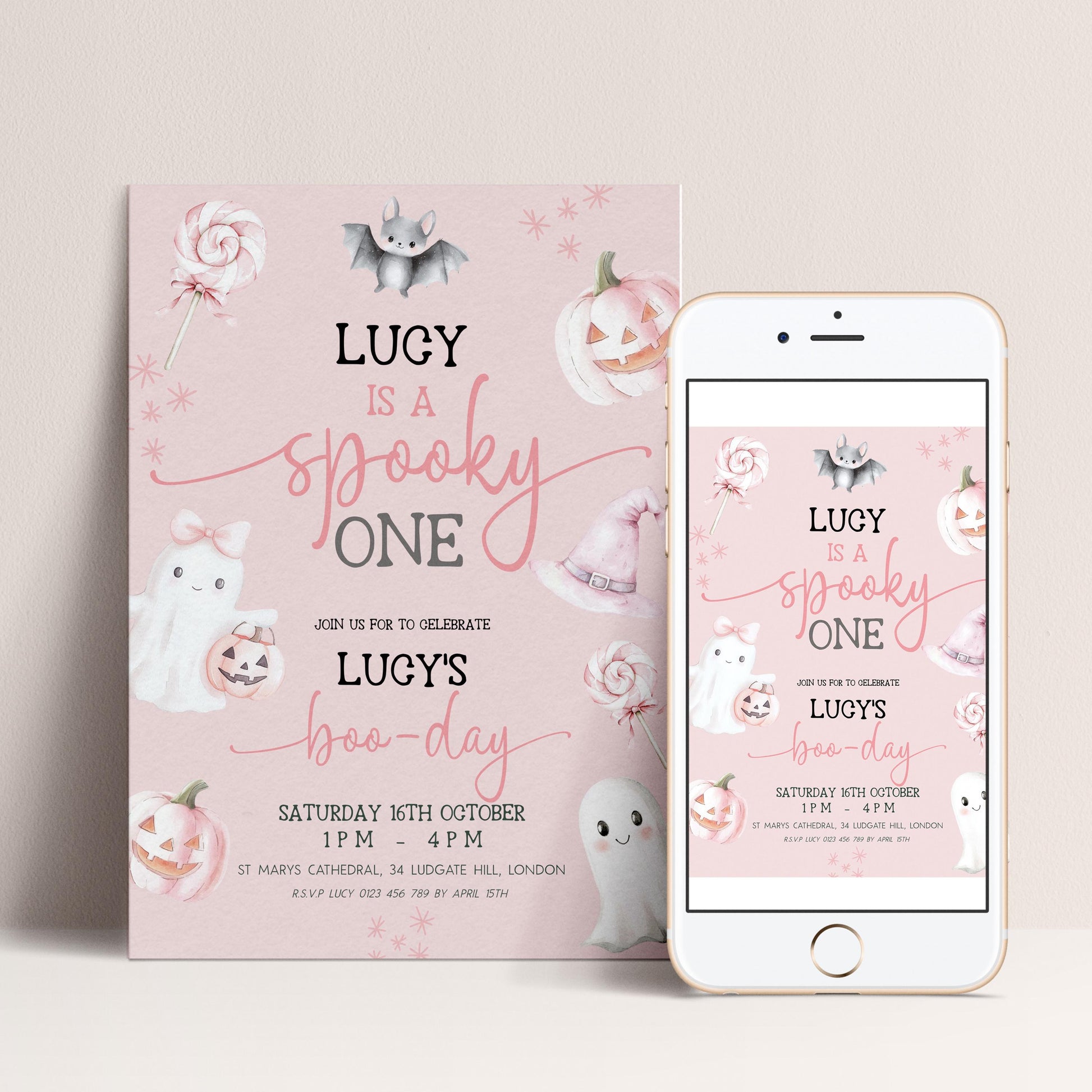 The image is a pink invitation card for a "Spooky One" birthday party for a child named Lucy. The card features illustrations of bats, pumpkins, and other Halloween-themed decorations, along with the text "LUGY is a spooky one" and "JOIN US FOR TO CELEBRATE LUGY'S BOO-DAY". The card also provides details about the party, including the date, time, location, and contact information for the organizer.