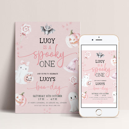 The image is a pink invitation card for a "Spooky One" birthday party for a child named Lucy. The card features illustrations of bats, pumpkins, and other Halloween-themed decorations, along with the text "LUGY is a spooky one" and "JOIN US FOR TO CELEBRATE LUGY'S BOO-DAY". The card also provides details about the party, including the date, time, location, and contact information for the organizer.