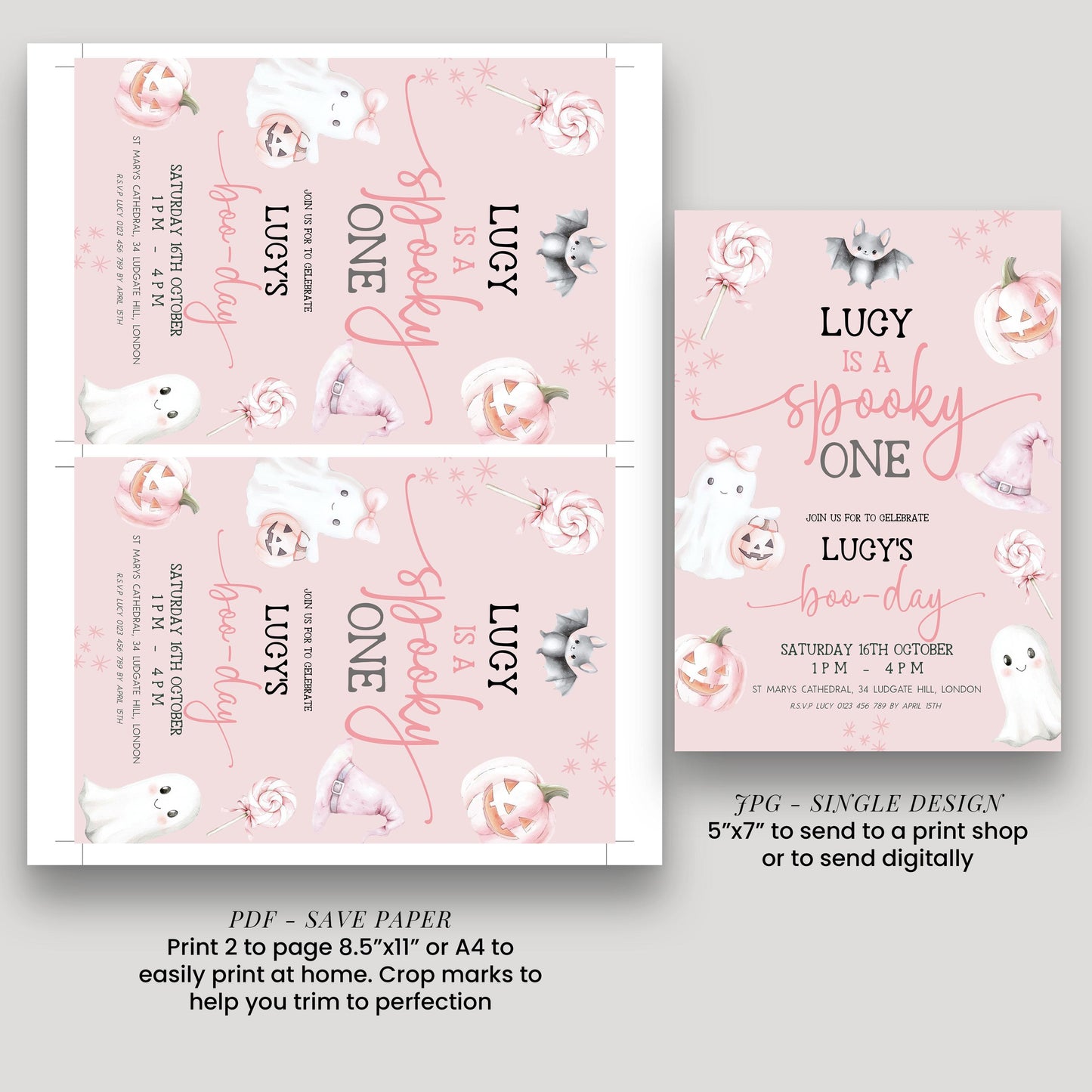 The image is a pink invitation card for a "Spooky One" birthday party. It features various Halloween-themed illustrations, such as bats, pumpkins, and ghostly figures, along with the text "Lucy is a Spooky One" and "Lucy's birthday". The invitation card is designed to be printed on paper, and it includes instructions for printing 2 pages, a 5"x7" or 4"x4" size, and a 5"x7" or 6"x6" size for a single design.