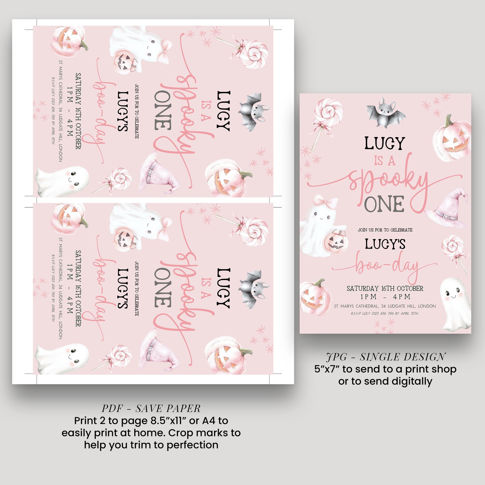 The image is a pink invitation card for a "Spooky One" birthday party. It features various Halloween-themed illustrations, such as bats, pumpkins, and ghostly figures, along with the text "Lucy is a Spooky One" and "Lucy's birthday". The invitation card is designed to be printed on paper, and it includes instructions for printing 2 pages, a 5"x7" or 4"x4" size, and a 5"x7" or 6"x6" size for a single design.
