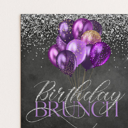 a group of purple and gold balloons floating against a dark background with silver glitter. The text "Birthday Brunch" is written in a cursive font, and the image is described as a collage of multiple images.