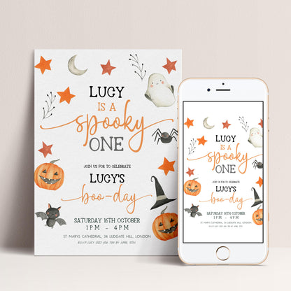 The image is a Halloween-themed invitation for a birthday party, featuring a white background with orange and black accents, including a ghost, spider, pumpkin, and stars.
