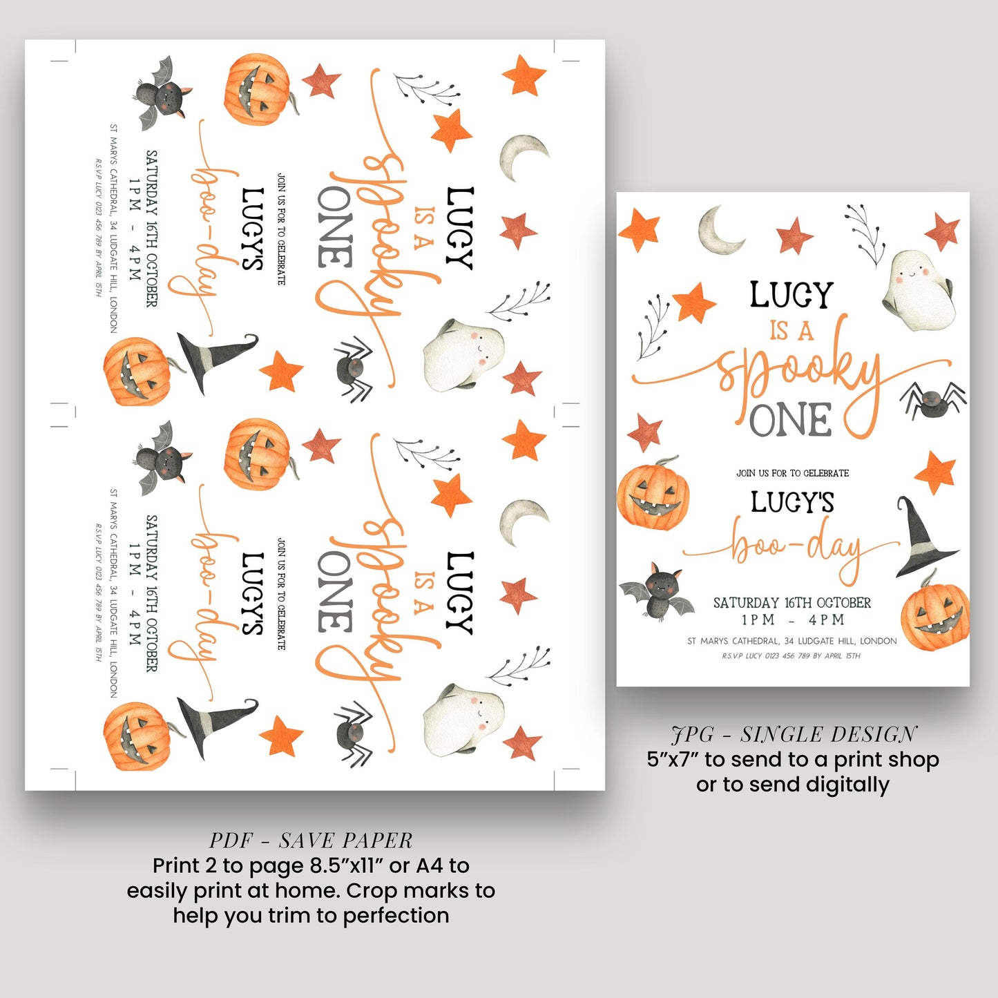 The image is a Halloween-themed invitation featuring a spooky design with pumpkins, bats, and stars. The text on the invitation includes phrases like "Lucy is a spooky one" and "Lucy's bo-day". The invitation also provides instructions for printing and sending the design, including a size guide for a 5"x7" print or a 4"x4" print.