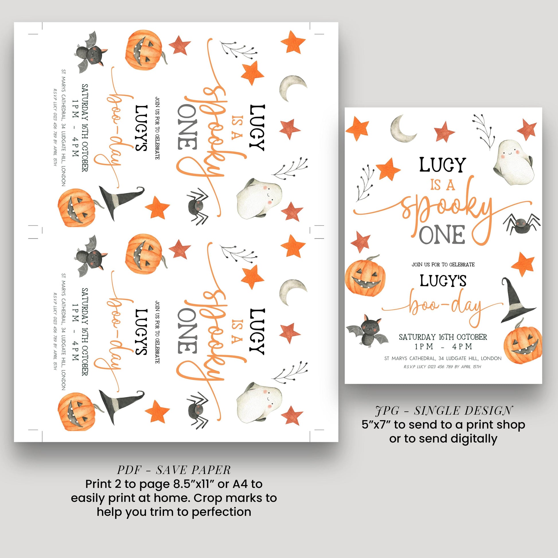 The image is a Halloween-themed invitation featuring a spooky design with pumpkins, bats, and stars. The text on the invitation includes phrases like "Lucy is a spooky one" and "Lucy's bo-day". The invitation also provides instructions for printing and sending the design, including a size guide for a 5"x7" print or a 4"x4" print.