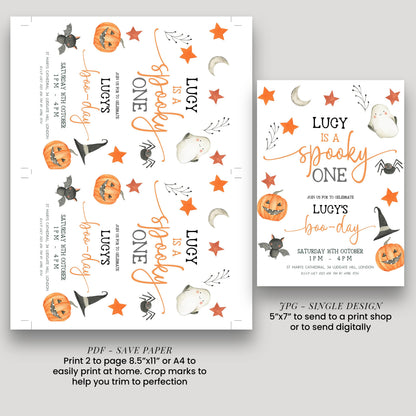 The image is a Halloween-themed invitation featuring a spooky design with pumpkins, bats, and stars. The text on the invitation includes phrases like "Lucy is a spooky one" and "Lucy's bo-day". The invitation also provides instructions for printing and sending the design, including a size guide for a 5"x7" print or a 4"x4" print.