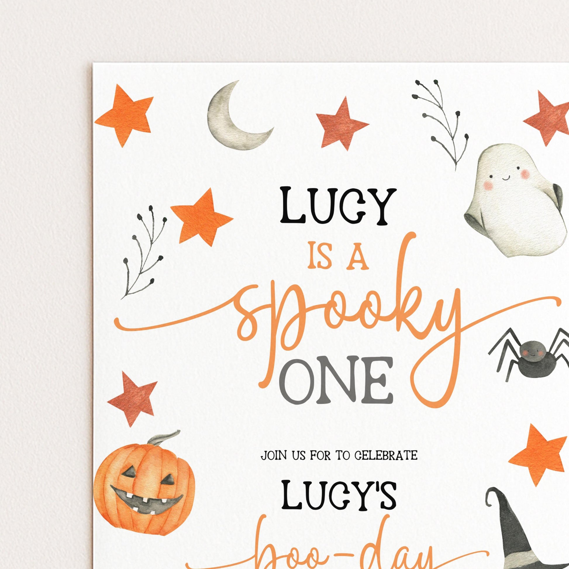 The image is a Halloween-themed invitation card with various spooky and festive elements such as stars, a ghost, a pumpkin, and a spider.