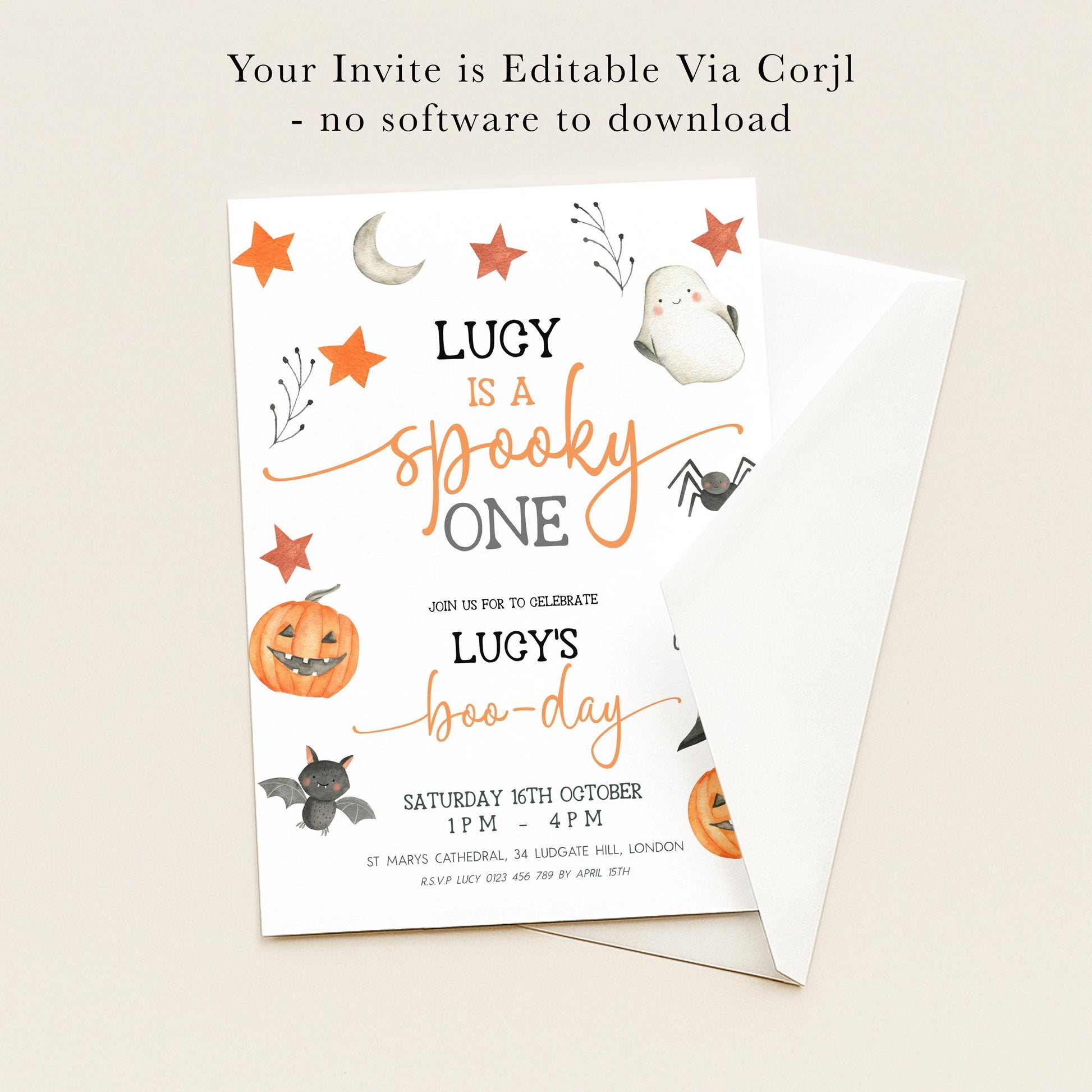 The image is a Halloween-themed invitation card for a party, featuring illustrations of pumpkins, bats, and ghostly figures.
