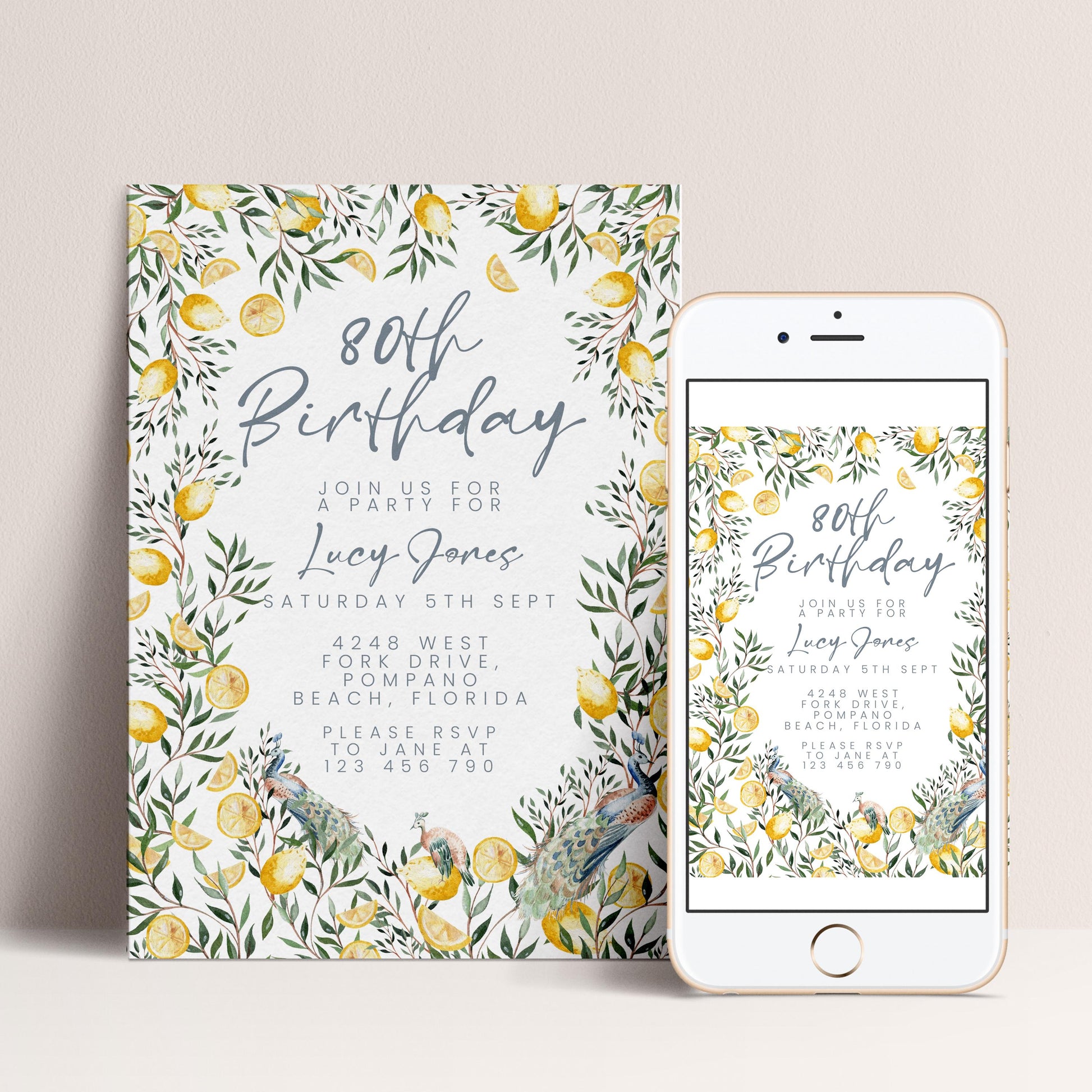 The image is a birthday invitation for Lucy Jones, inviting guests to a party on Saturday, 5th September at 4248 West Fork Drive, Beach, Florida. The invitation also includes a mobile phone image displaying the same text as the invitation card.