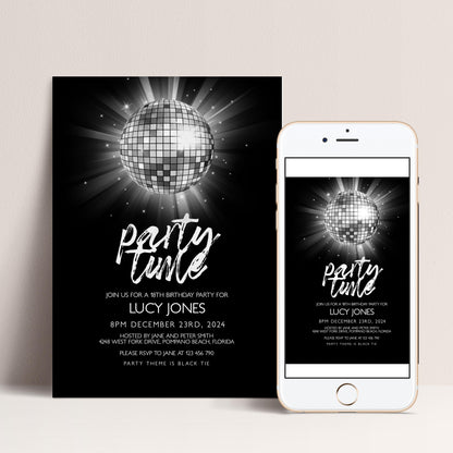 The image is a party invitation featuring a disco ball and a disco ball-themed design.