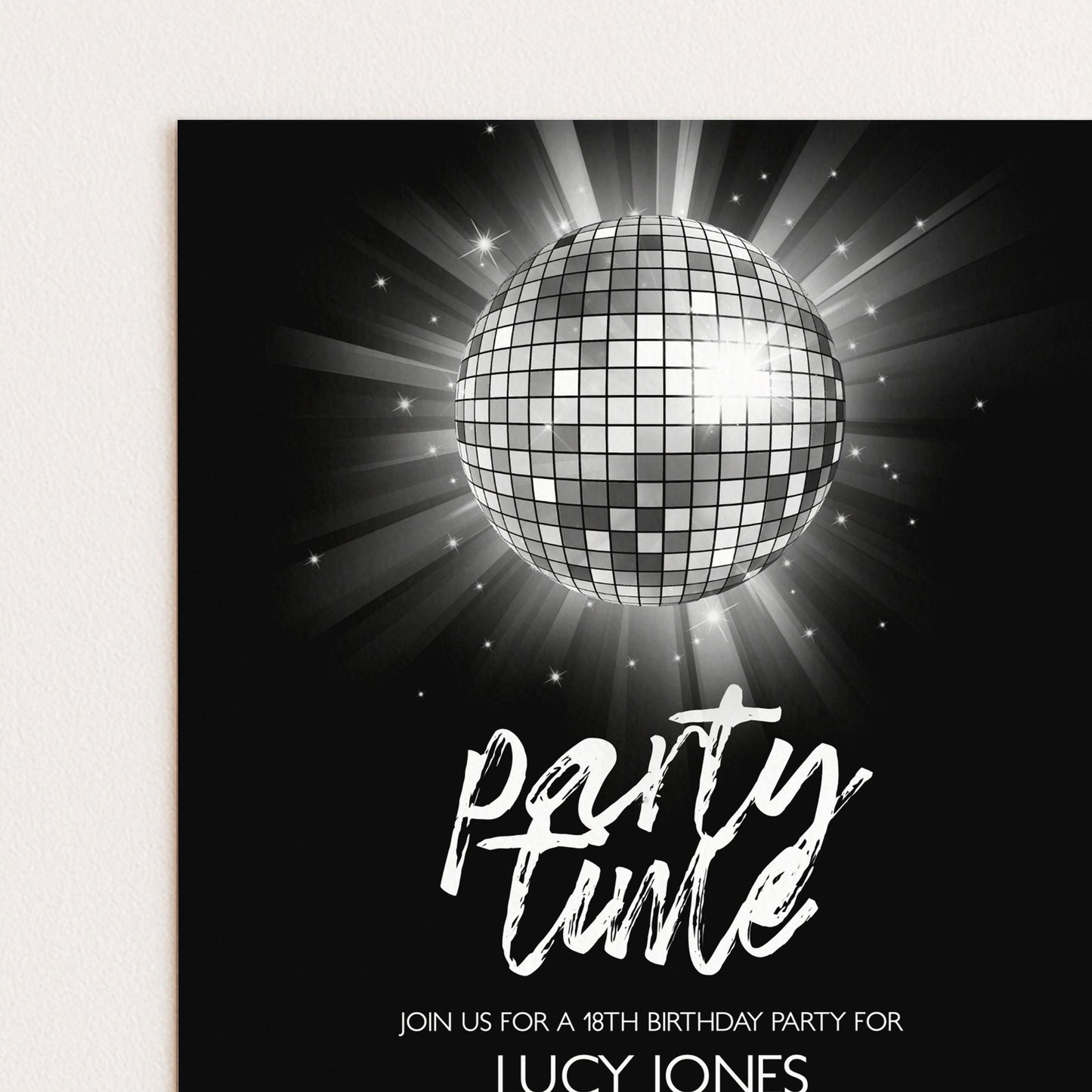 The image is a party invitation for a 18th birthday party. It features a disco ball and a bright light, creating a festive atmosphere.