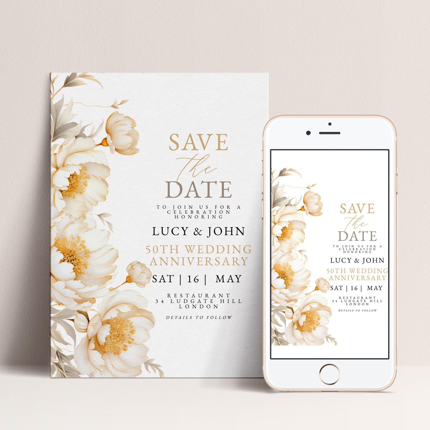 a white wedding invitation card and a smartphone displaying a wedding anniversary invitation.