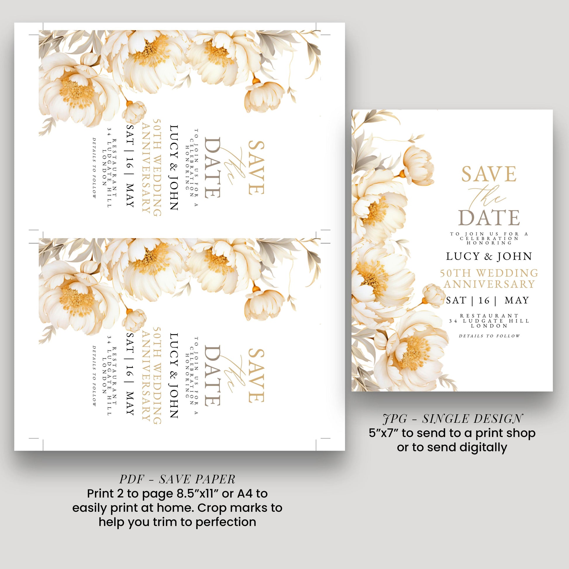 a save paper design featuring a floral pattern and text, as well as a wedding anniversary invitation with a similar floral design and text.