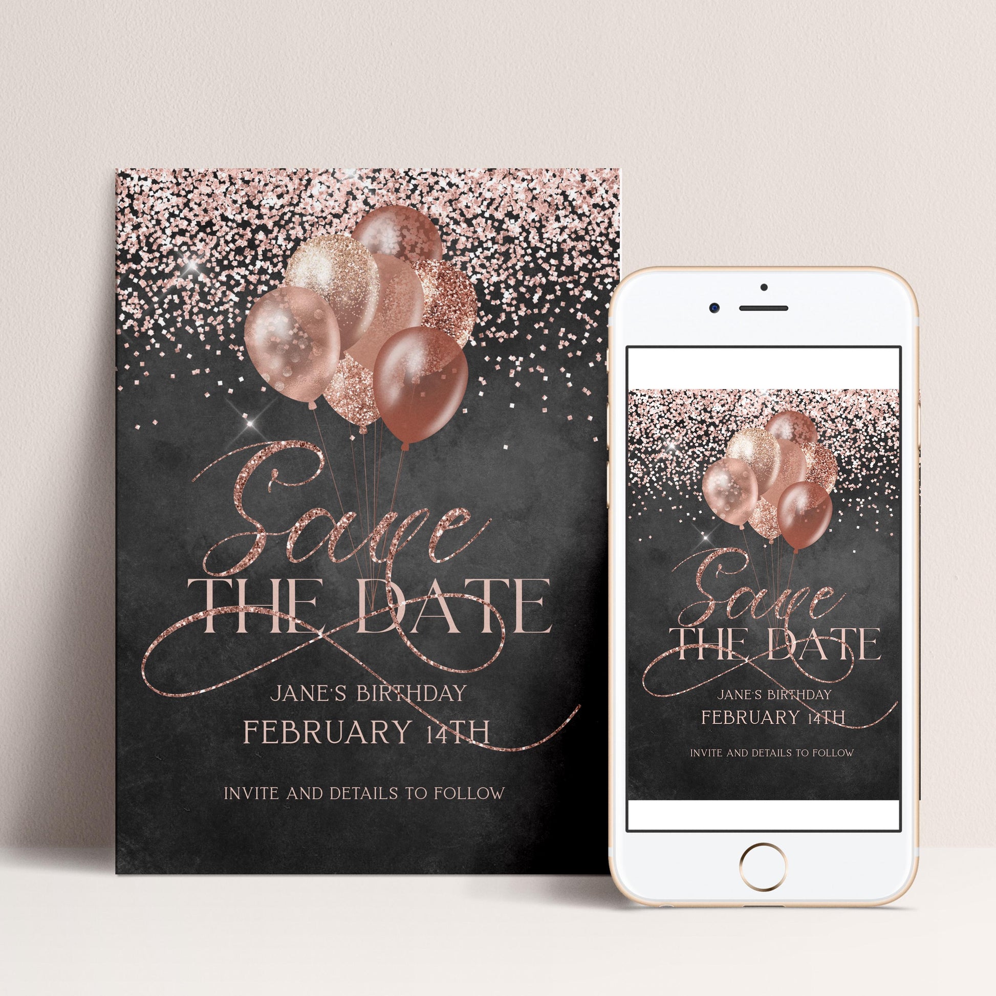 The image is a digital invitation featuring a black background with pink and gold balloons, and the text "Save the date" in a cursive font.