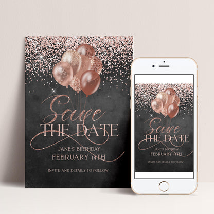 The image is a digital invitation featuring a black background with pink and gold balloons, and the text "Save the date" in a cursive font.