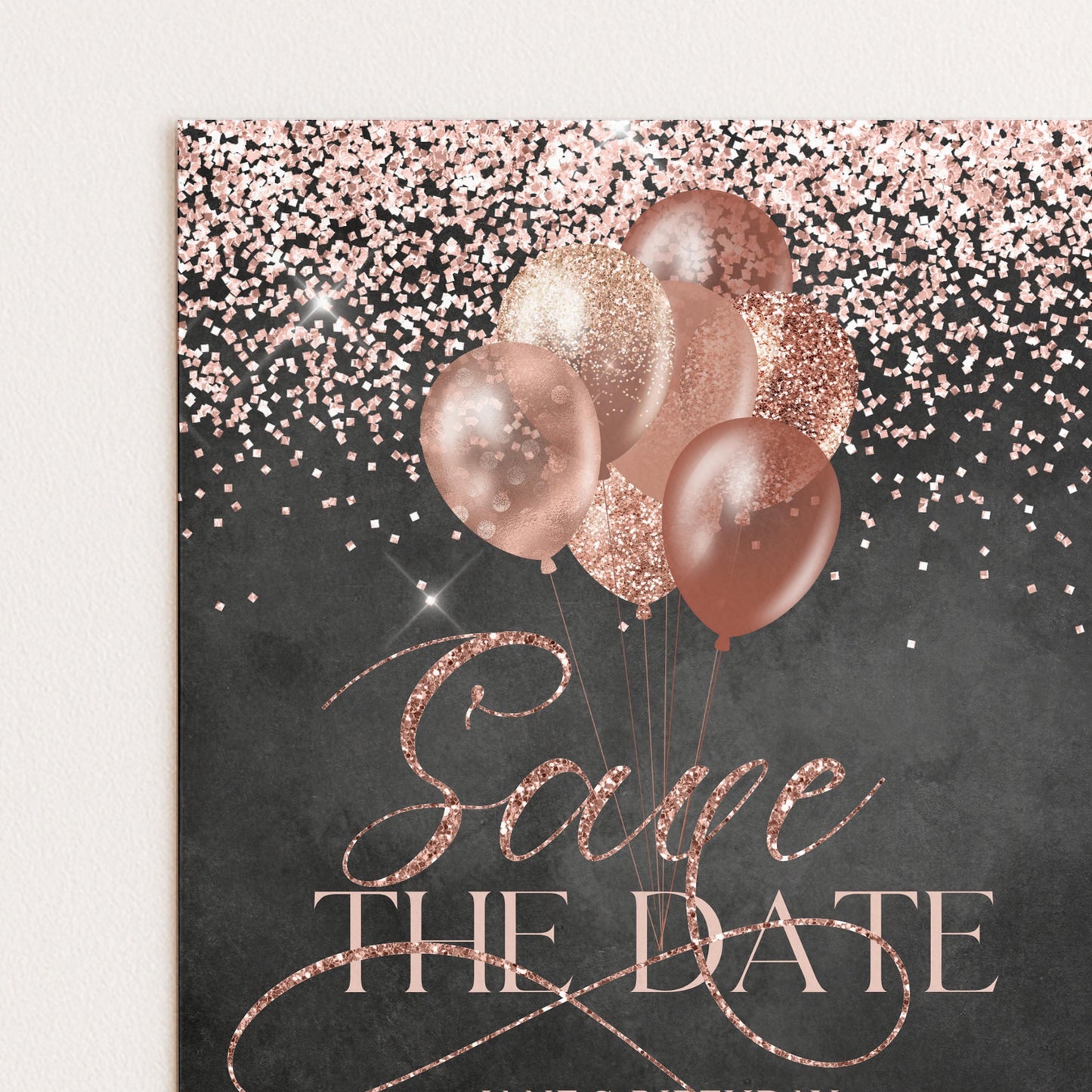 a black background with pink and gold glitter balloons floating above it. The text "Save the date" is written in cursive font, and the phrase "The image depicts" is also present.