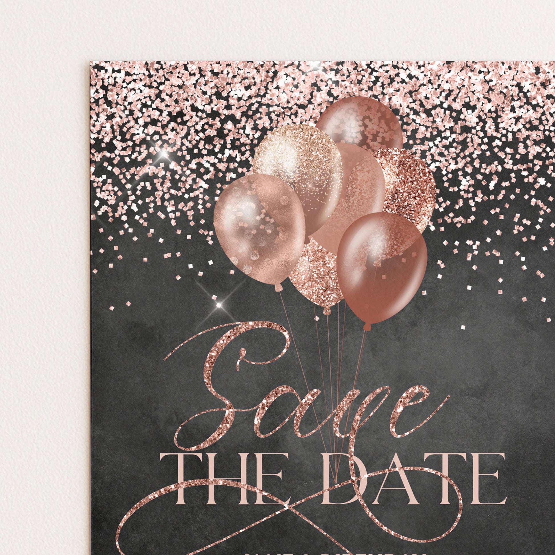 a black background with pink and gold glitter balloons floating above it. The text "Save the date" is written in cursive font, and the phrase "The image depicts" is also present.