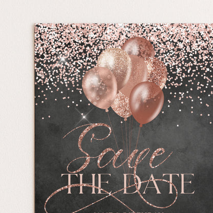 a black background with pink and gold glitter balloons floating above it. The text "Save the date" is written in cursive font, and the phrase "The image depicts" is also present.