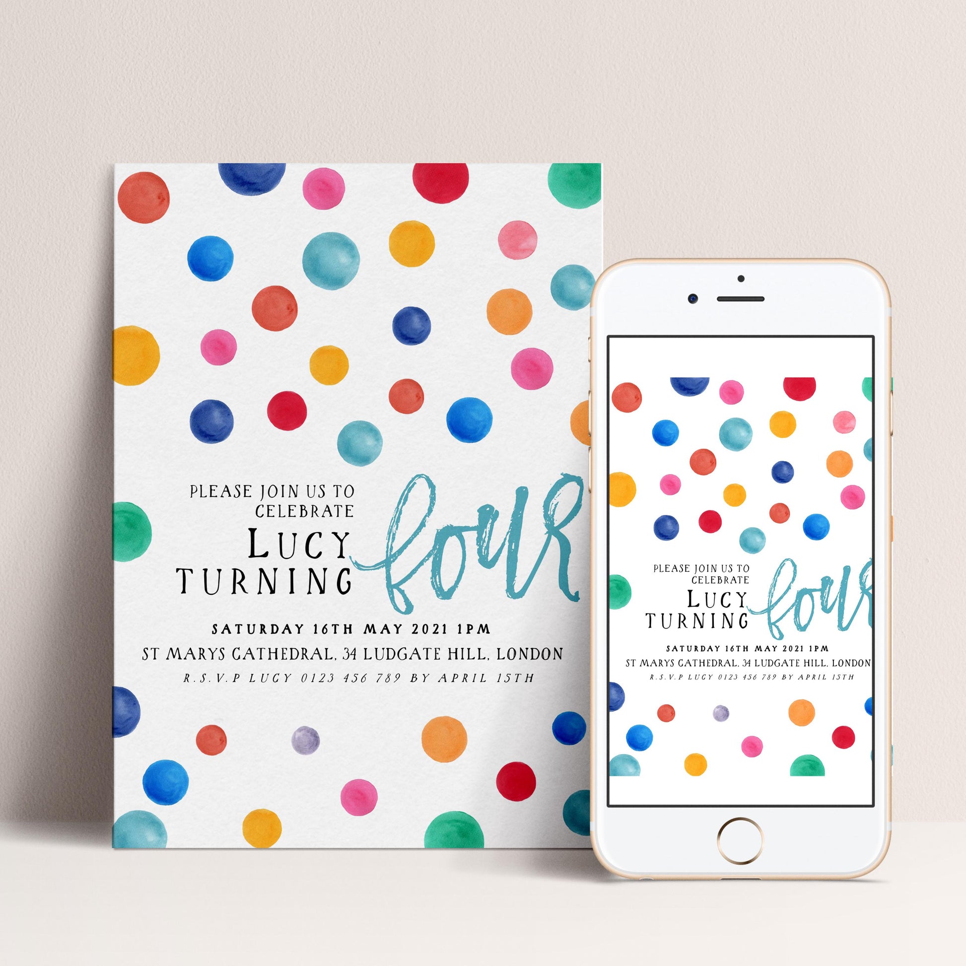 The image is a birthday invitation for a child named Lucy, featuring a colorful polka dot design.