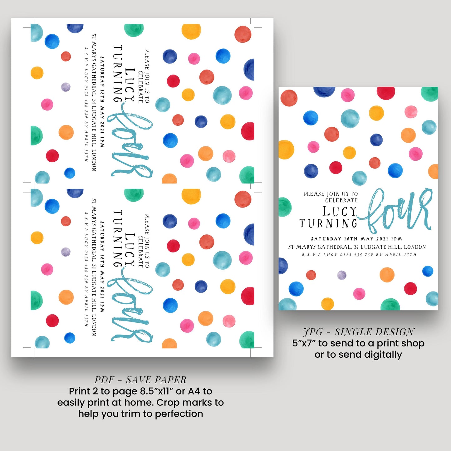 The image is a collage of two different designs for a birthday party invitation. The first design is a colorful polka dot pattern, and the second design is a more detailed invitation with text.