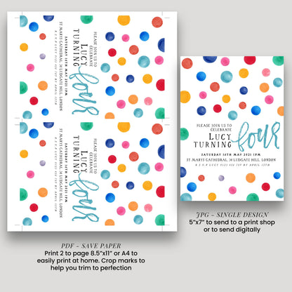The image is a collage of two different designs for a birthday party invitation. The first design is a colorful polka dot pattern, and the second design is a more detailed invitation with text.
