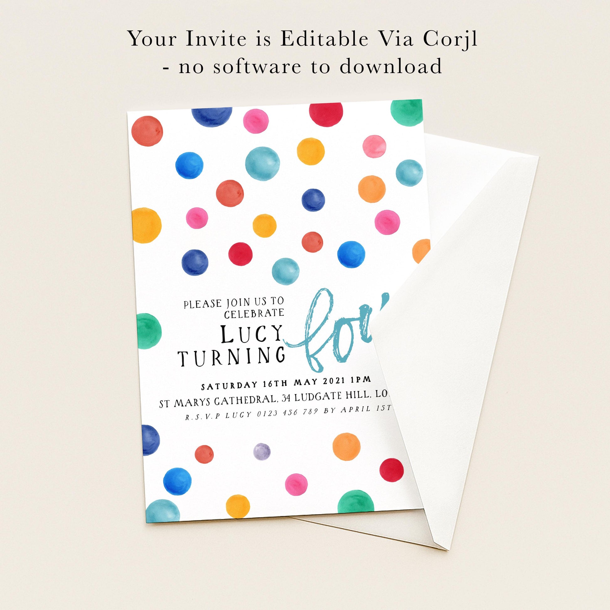 The image is a colorful invitation card for a birthday party, featuring a pattern of multicolored dots and text inviting guests to celebrate Lucy's birthday.