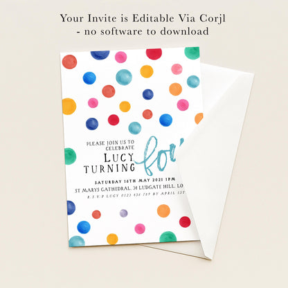 The image is a colorful invitation card for a birthday party, featuring a pattern of multicolored dots and text inviting guests to celebrate Lucy's birthday.
