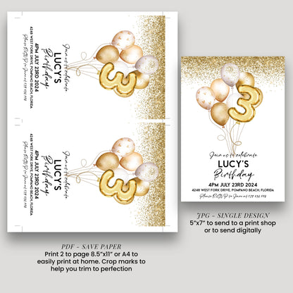 a birthday invitation for a girl named Lucy, featuring gold balloons and the number 3. The invitation is for her 3rd birthday party, which will be held on July 23rd, 2014, at 4:00 PM at the West Fork Drive, Pompano Beach, Florida. The invitation also includes a save paper option for sending the printed invitation to a print shop or digitally.