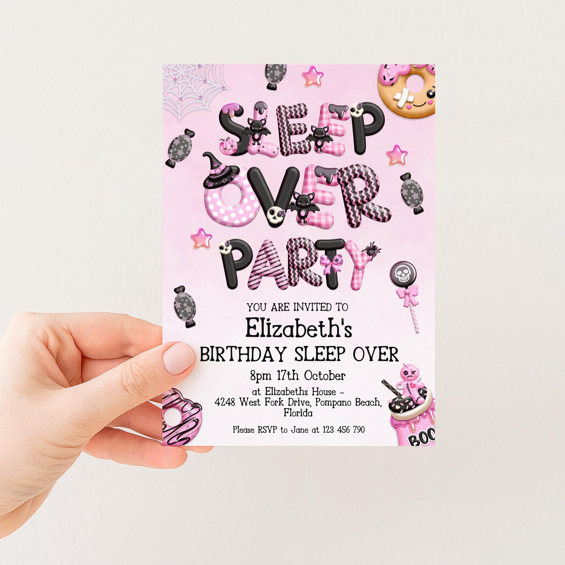 The image is a birthday party invitation for Elizabeth's sleepover party.
