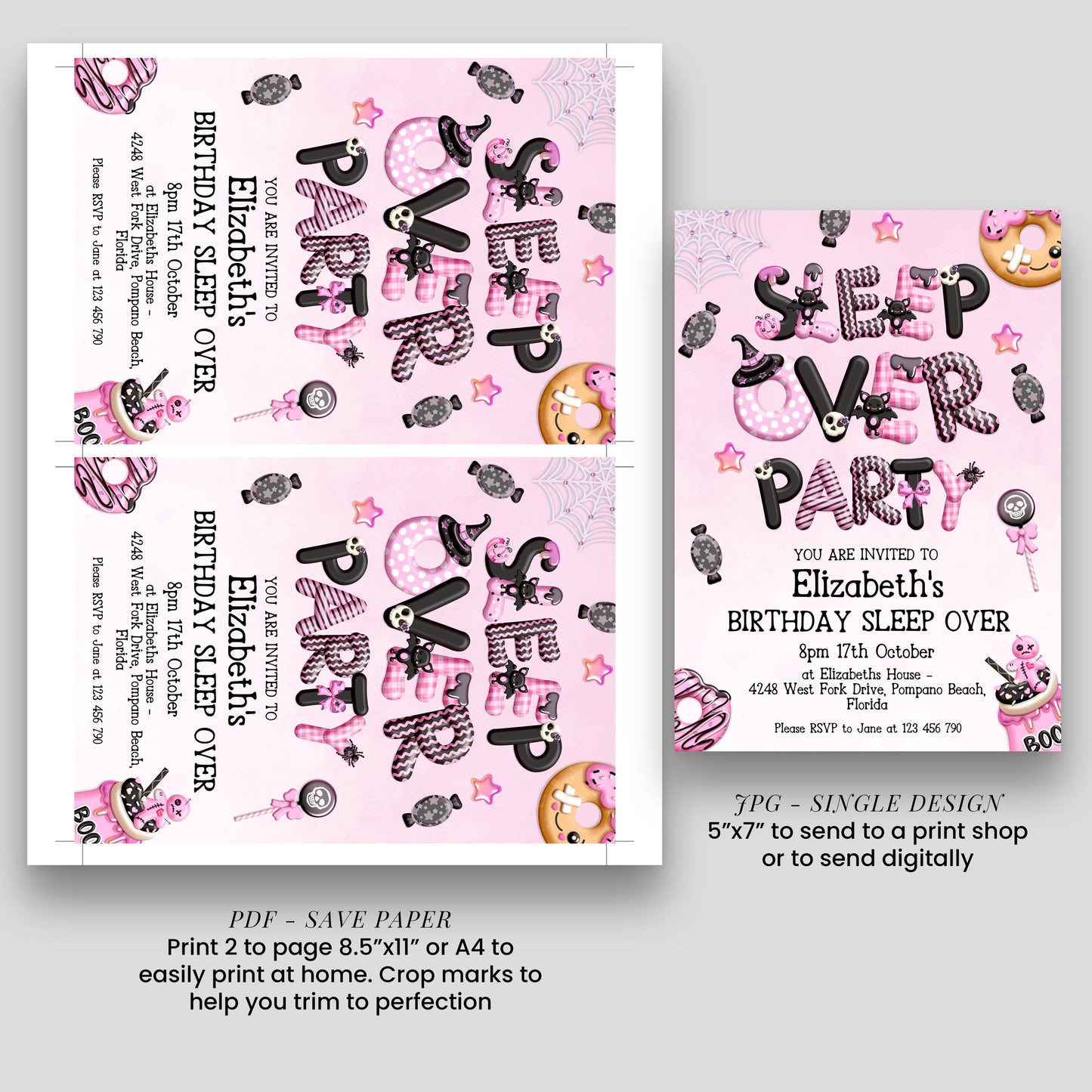 The image is a birthday party invitation for Elizabeth's sleepover party. It features a pink and black color scheme with various Halloween-themed elements such as bats, spider web, and candy decorations. The invitation includes text and images that provide details about the party, including the date, time, location, and RSVP information.