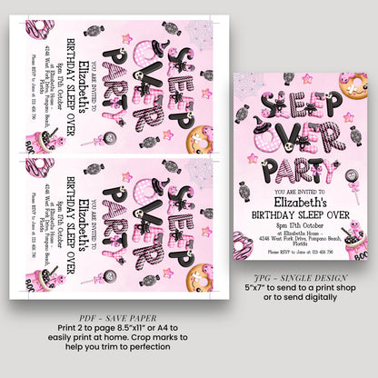 The image is a birthday party invitation for Elizabeth's sleepover party. It features a pink and black color scheme with various Halloween-themed elements such as bats, spider web, and candy decorations. The invitation includes text and images that provide details about the party, including the date, time, location, and RSVP information.