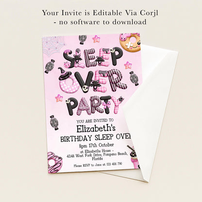 The image is a birthday party invitation for Elizabeth's sleepover party.