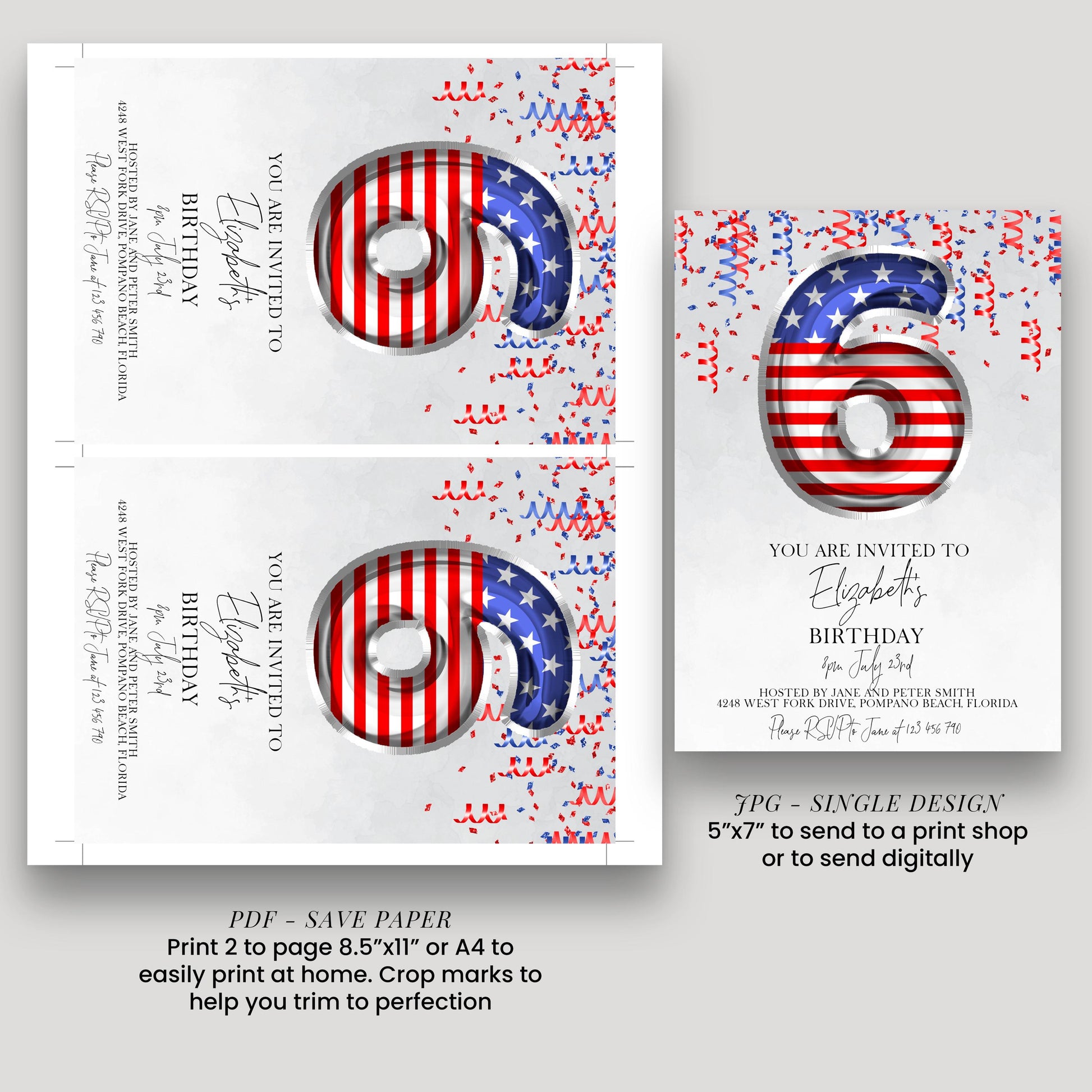 The image is a birthday invitation for Elizabeth's 6th birthday, featuring a design with the number 6 and American flags.