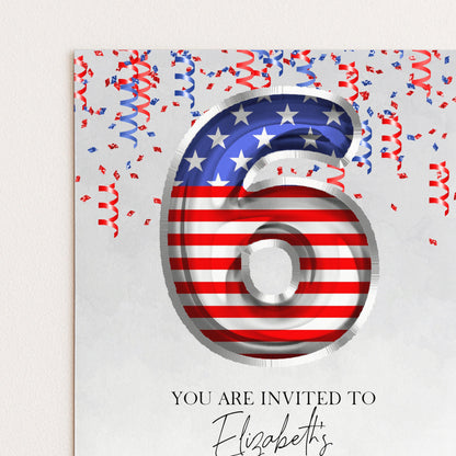a large number 6 with an American flag design, surrounded by confetti and streamers, indicating a celebration or event.