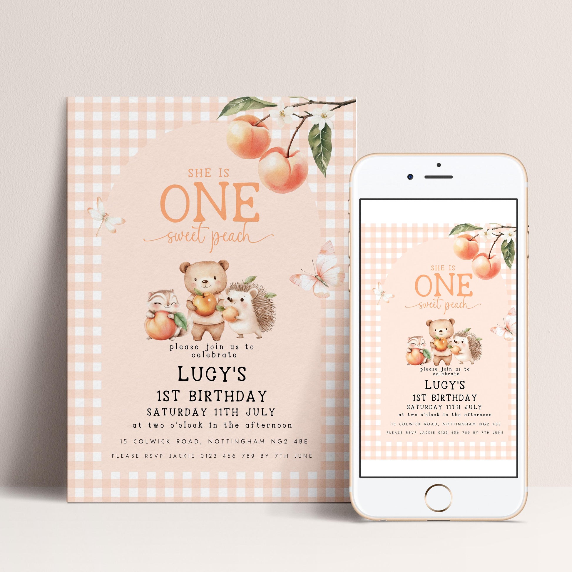 The image is a birthday invitation for a girl named Lucy, featuring a checkered background with illustrations of a bear, hedgehog, and peach.