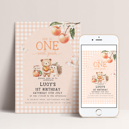 The image is a birthday invitation for a girl named Lucy, featuring a checkered background with illustrations of a bear, hedgehog, and peach.