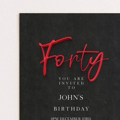 The image is a birthday invitation card for John's 40th birthday.