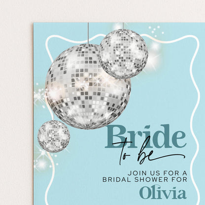The image is a promotional poster for a bridal shower, featuring a disco ball and the text "Bridal to be" along with the event name and a call to action to "Join us for a Bridal shower for Olivia".