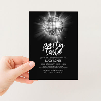 The image is a black and white party invitation for a birthday party for Lucy Jones.